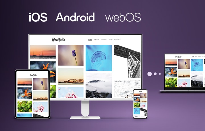 LG Smart Monitor using LG Link for wireless device sync across iOS, Android, and webOS, showing seamless image and file transfer between monitor, tablet, smartphone, and laptop, highlighting cross device connectivity and multi screen workflow.