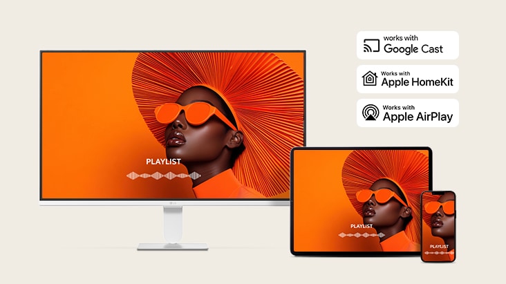 The same screen is being shared across a LG Smart Monitor, laptop, tablet, and smartphone using AirPlay 2 and Screen Share.