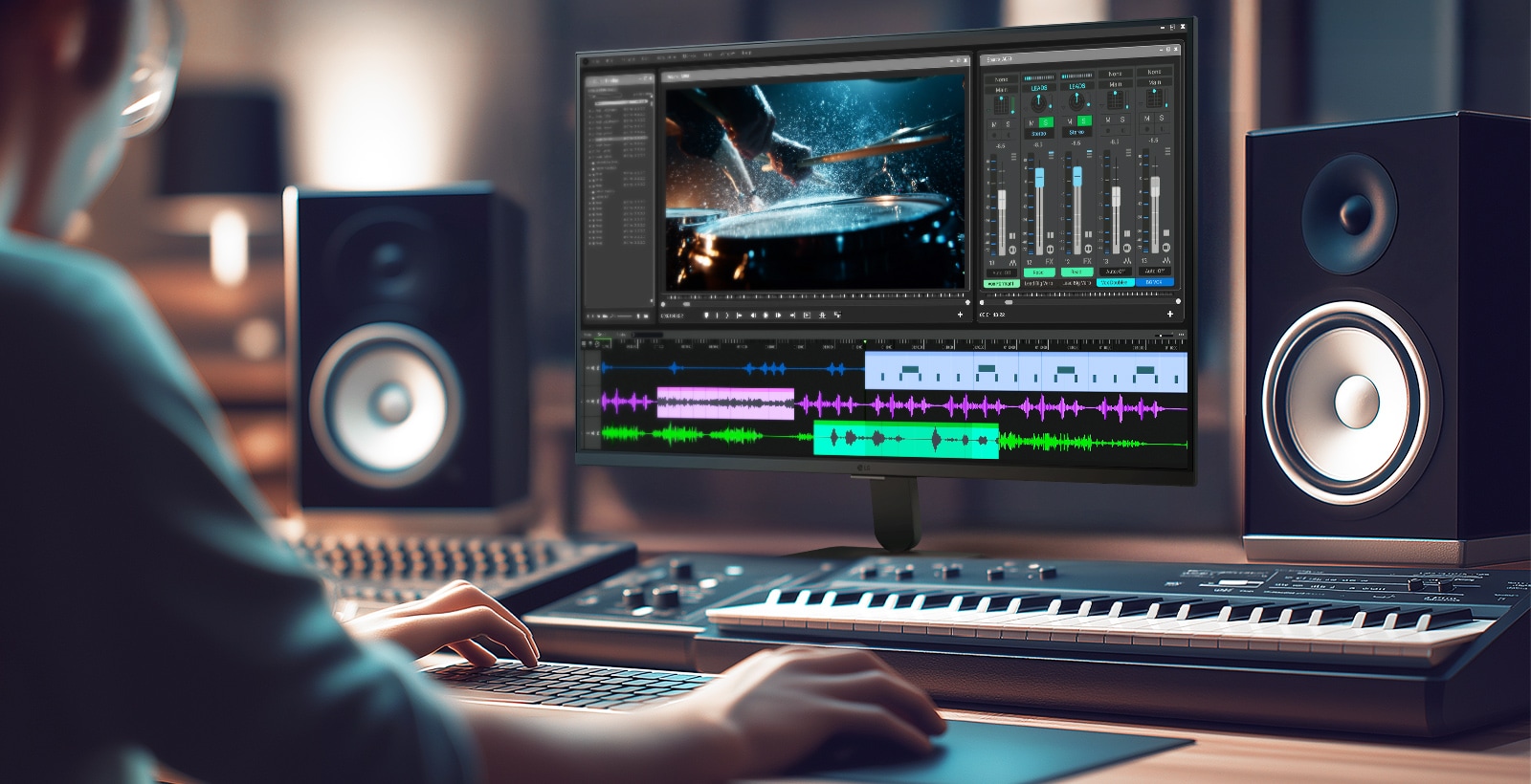 LG Smart Monitor displaying a professional video and audio editing workspace with timeline, color grading tools, and sound mixing interface in a creative studio setup with speakers and keyboard for content production and multimedia work.