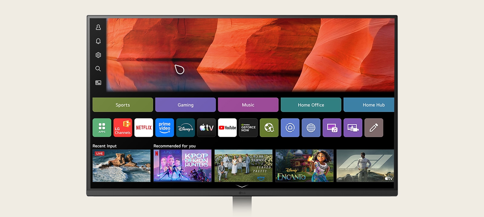 LG Smart Monitor displaying the webOS home interface with LG Channels app among streaming services, showing content recommendations, sports, gaming, music, and home hub categories, highlighting smart TV style navigation and built in streaming experience