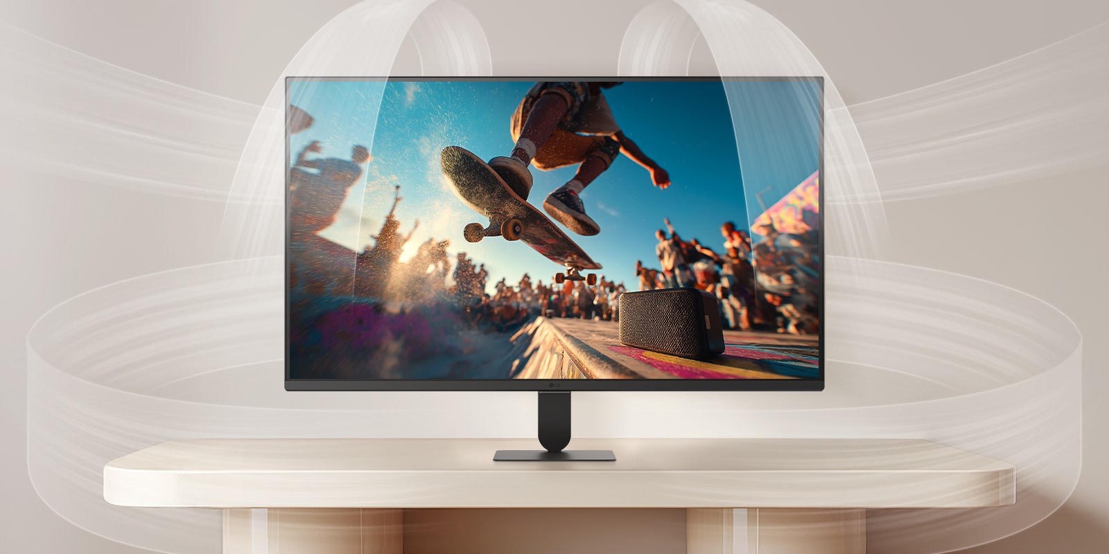 LG Smart Monitor demonstrating AI Sound Pro with a cinematic concert scene on screen, highlighting immersive audio optimization, clear dialogue, and balanced sound performance for an enhanced home entertainment experience