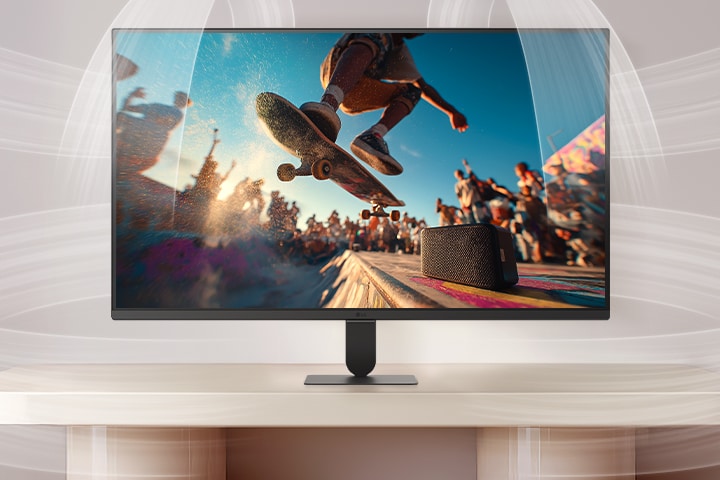 LG Smart Monitor demonstrating AI Sound Pro with a cinematic concert scene on screen, highlighting immersive audio optimization, clear dialogue, and balanced sound performance for an enhanced home entertainment experience