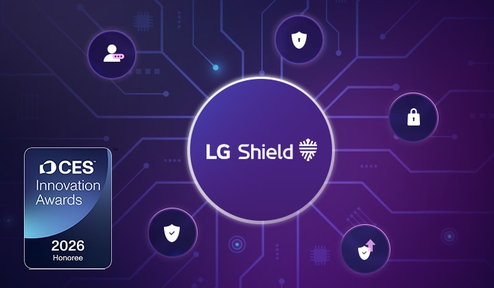 LG Smart Monitor highlighting LG Shield security system with network encryption, data protection, and multi layer security visualization, emphasizing secure data storage, safe transmission, and award winning smart device security technology