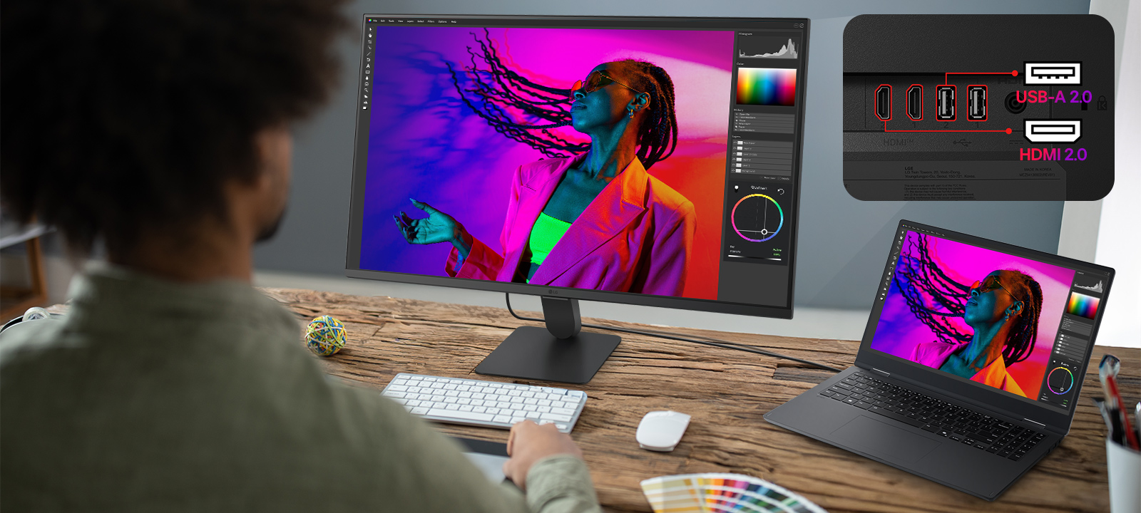 LG Smart Monitor connected to a laptop, showing photo editing workspace, multiple ports including USB, and HDMI, highlighting single cable connectivity, device charging, and productivity focused workstation setup