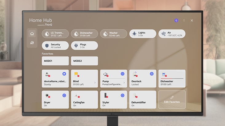 LG Smart Monitor displaying ThinQ Home Hub interface to control multiple smart home devices, showing unified dashboard for lighting, appliances, and connected devices, highlighting smart home monitoring and centralized control on webOS