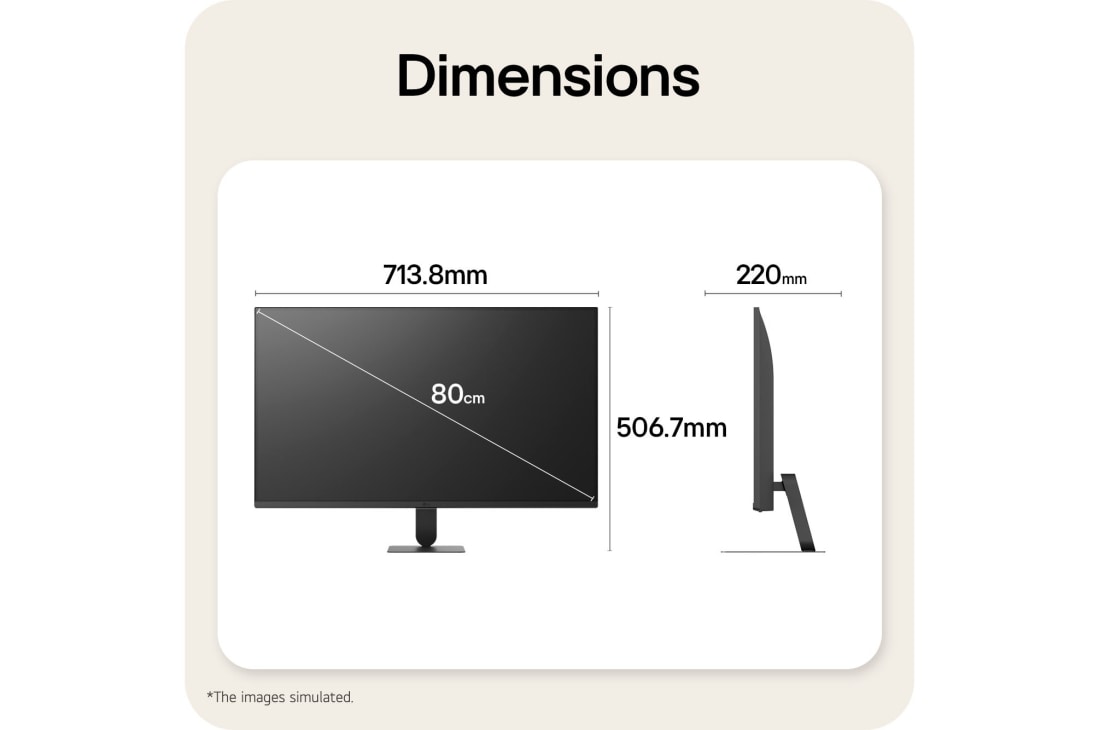 LG 32-inch LG Smart Monitor AI U5s, Full HD Monitor for Streaming with webOS, LG Smart Monitor dimensions illustrating overall product size and stand measurements., 32U501SB-B, thumbnail 13