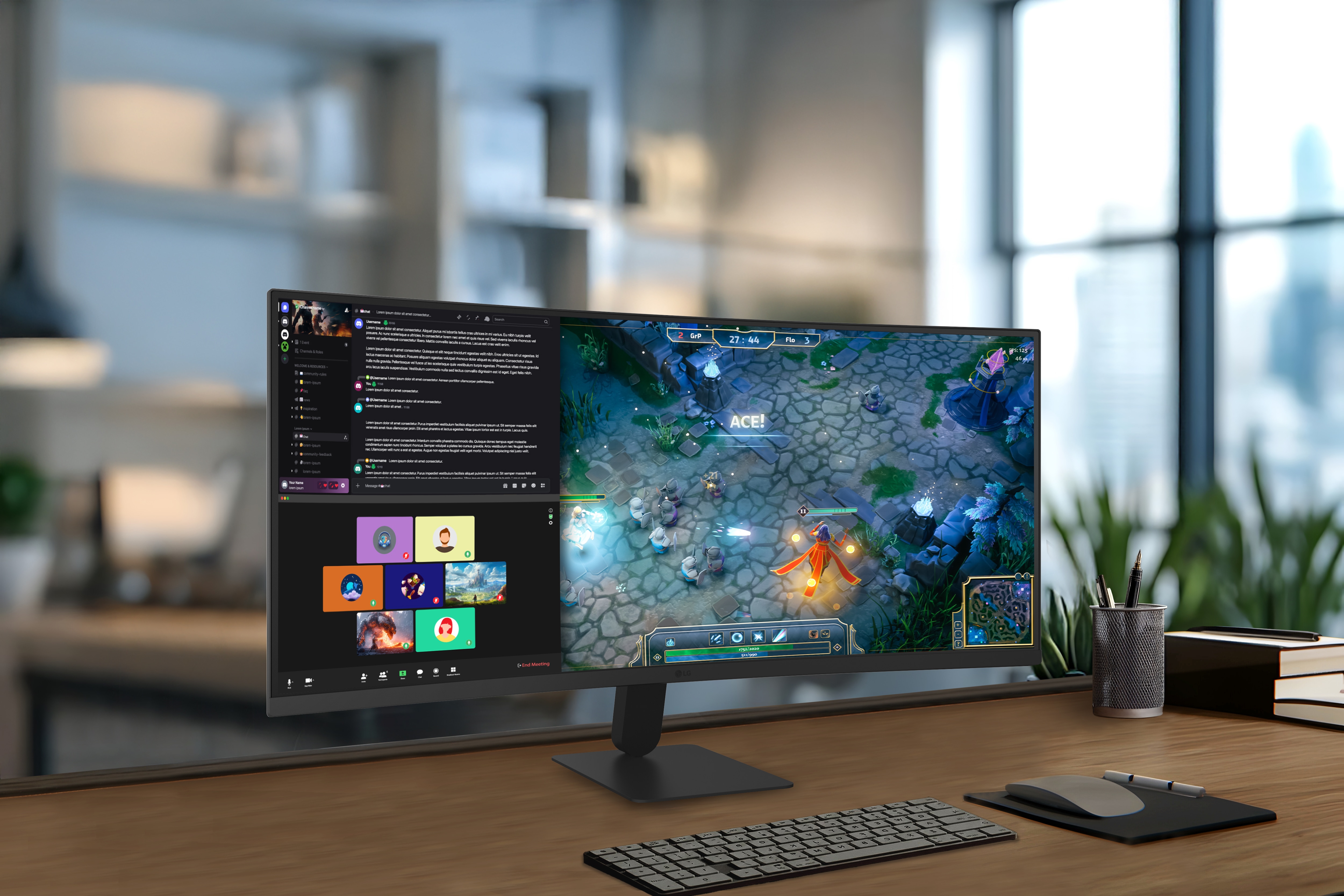 LG UltraWide Curved Monitor on a modern desk, displaying immersive first-person gaming on a wide curved screen alongside a multitasking interface, delivering expansive visuals, smooth gameplay, and enhanced productivity in a home office workspace setup.