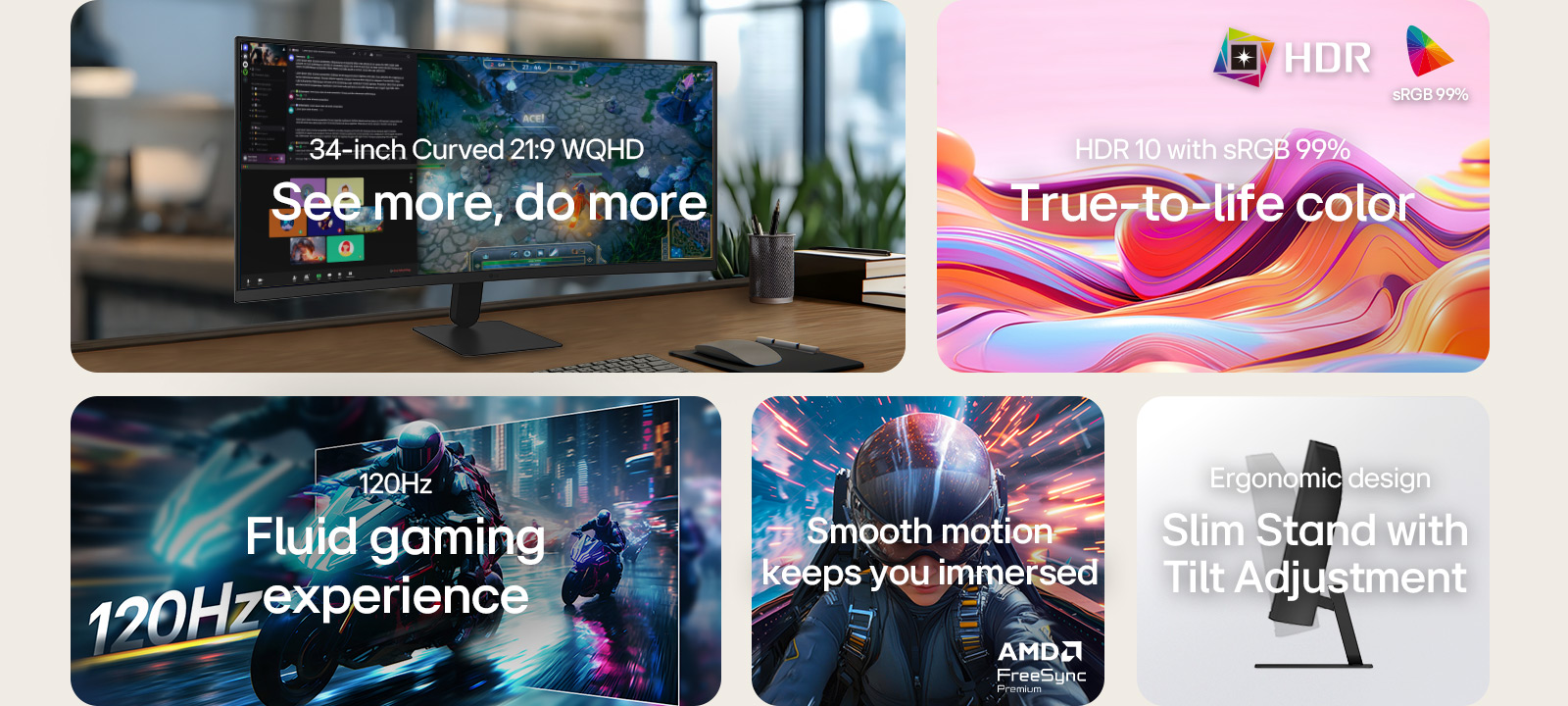 LG UltraWide Curved Monitor feature overview showing a 34-inch WQHD curved display, HDR10 with sRGB 99% color accuracy, smooth 120Hz refresh rate, AMD FreeSync support, and a slender stand with tilt adjustment for immersive gaming and efficient multitasking.