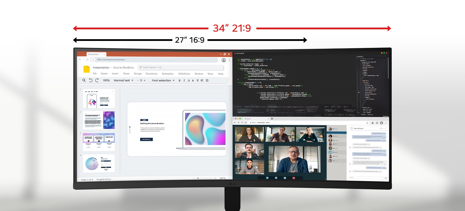 LG UltraWide Monitor displaying multiple applications across a 34-inch 21:9 screen, with a highlighted comparison showing the additional horizontal space over a standard 27-inch 16:9 display.