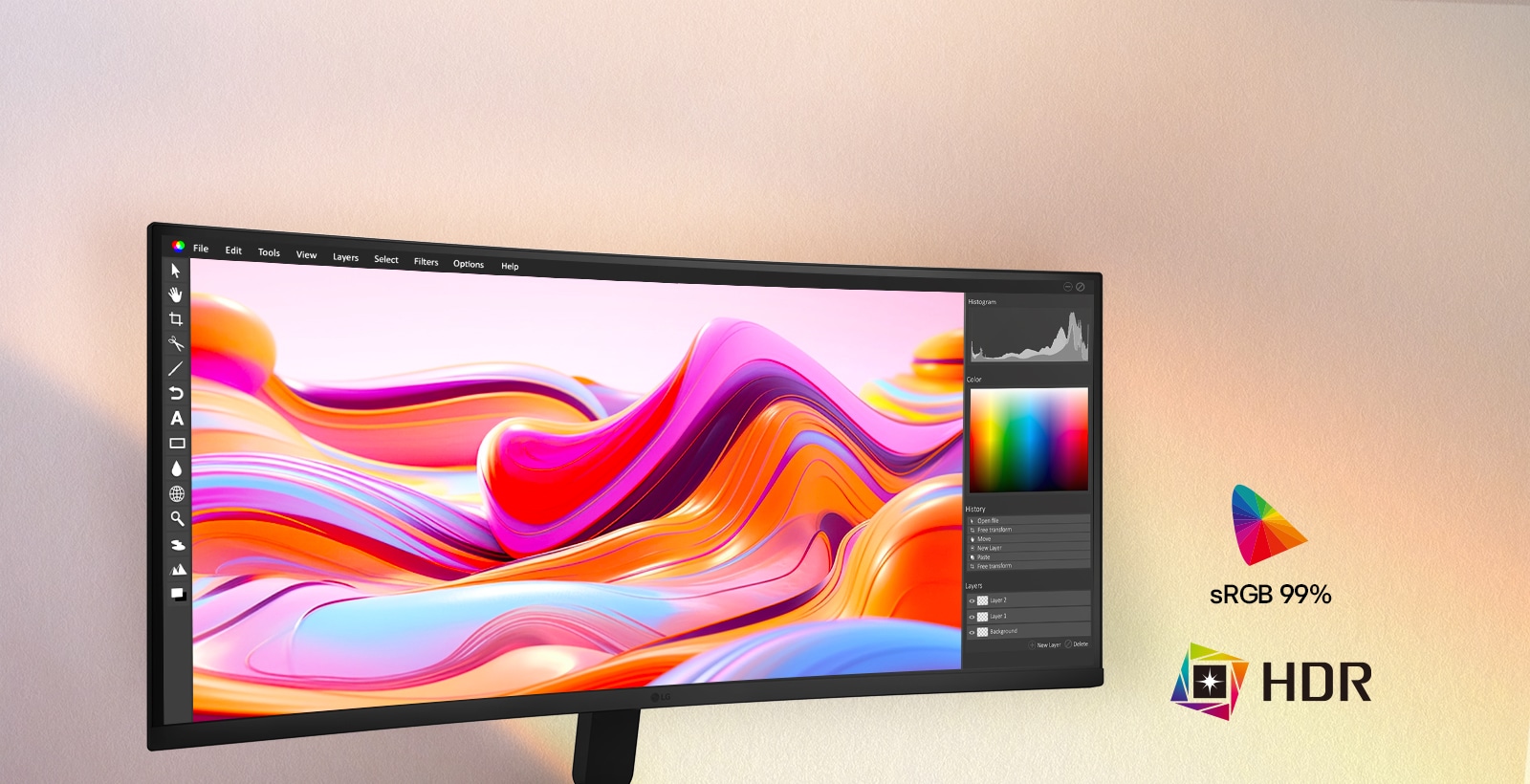LG UltraWide Curved Monitor displaying vivid creative content on a wide curved screen with HDR10 support and sRGB 99% color coverage, delivering rich color accuracy, enhanced contrast, and precise visual detail for creative work and immersive viewing.