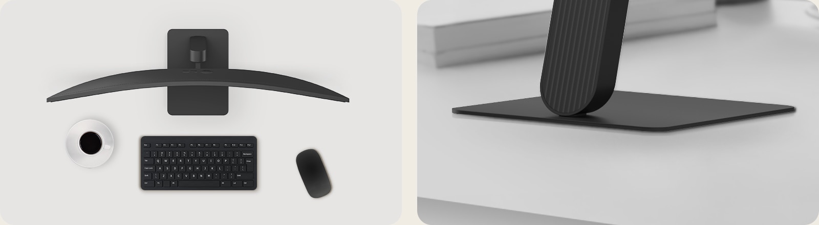 Top view of a LG UltraWide Curved Monitor on a desk with a coffee cup, wireless keyboard, and mouse, alongside a close-up of the slim, square-shaped monitor base designed for stability and a clutter-free workspace.