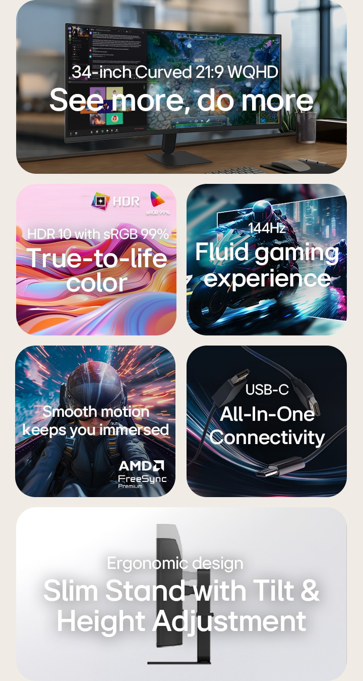 LG UltraWide Curved Monitor feature overview showing a 34-inch WQHD curved display, HDR10 with sRGB 99% color accuracy, all-in-one USB-C connectivity, smooth 144Hz refresh rate, AMD FreeSync Premium support, and a slim stand with tilt and height adjustment for immersive gaming and efficient multitasking.
