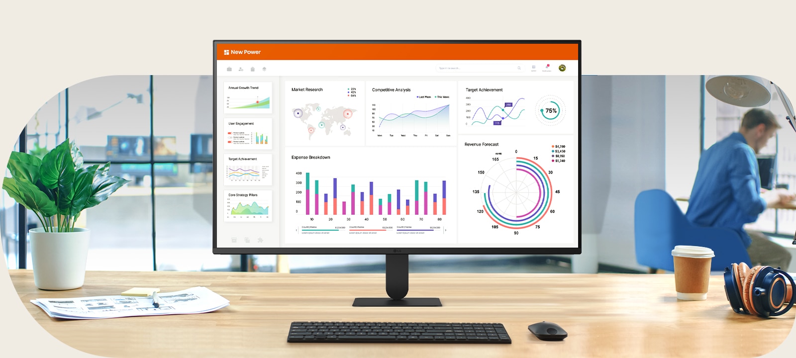 Monitor on a desk displaying a business dashboard with charts and analytics, illustrating productivity and everyday office use.