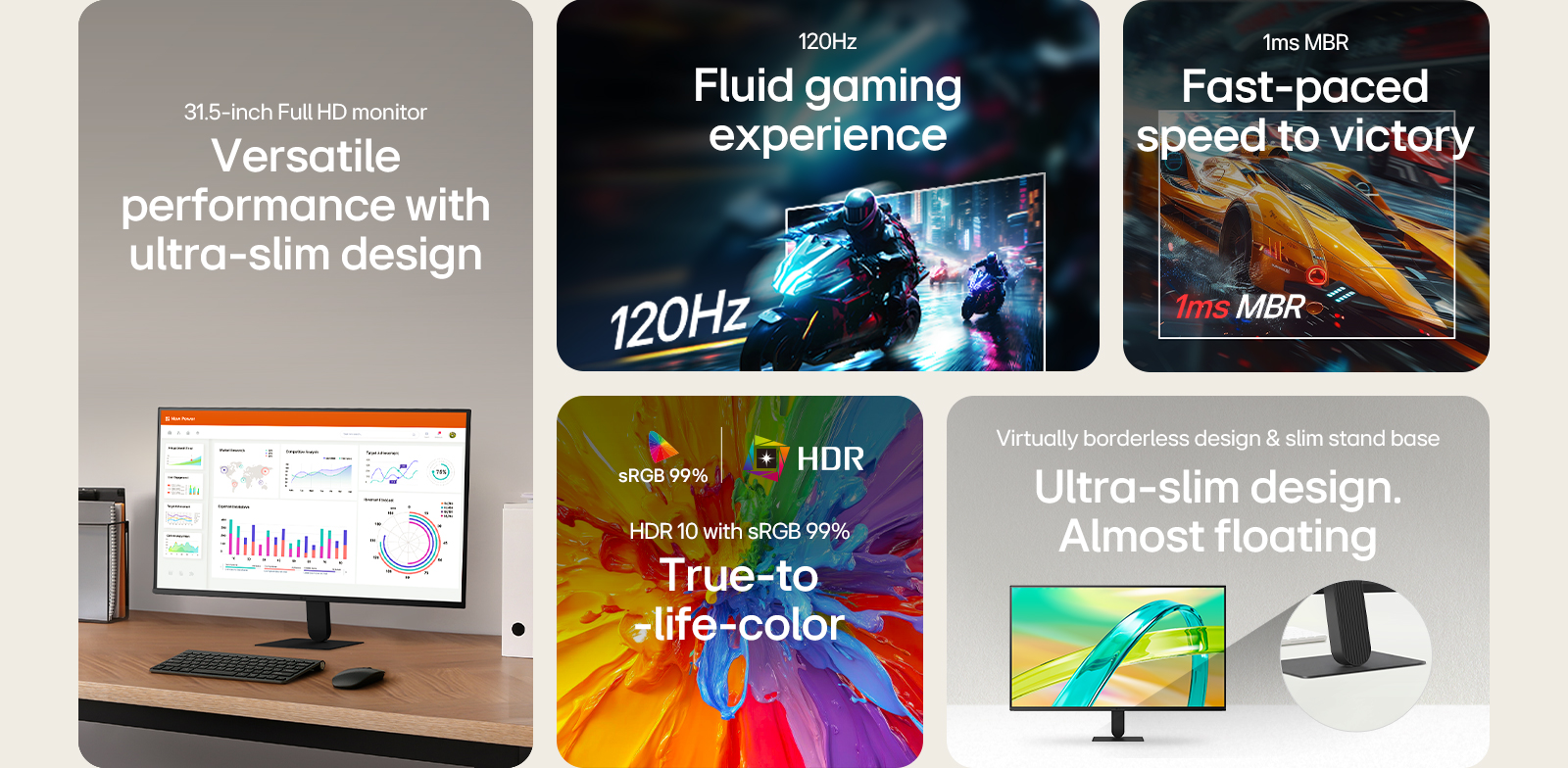 Feature summary of a 31.5-inch Full HD monitor highlighting ultra-slim design, 120Hz gaming performance, 1ms MBR response, HDR with sRGB 99% color accuracy, and borderless display.