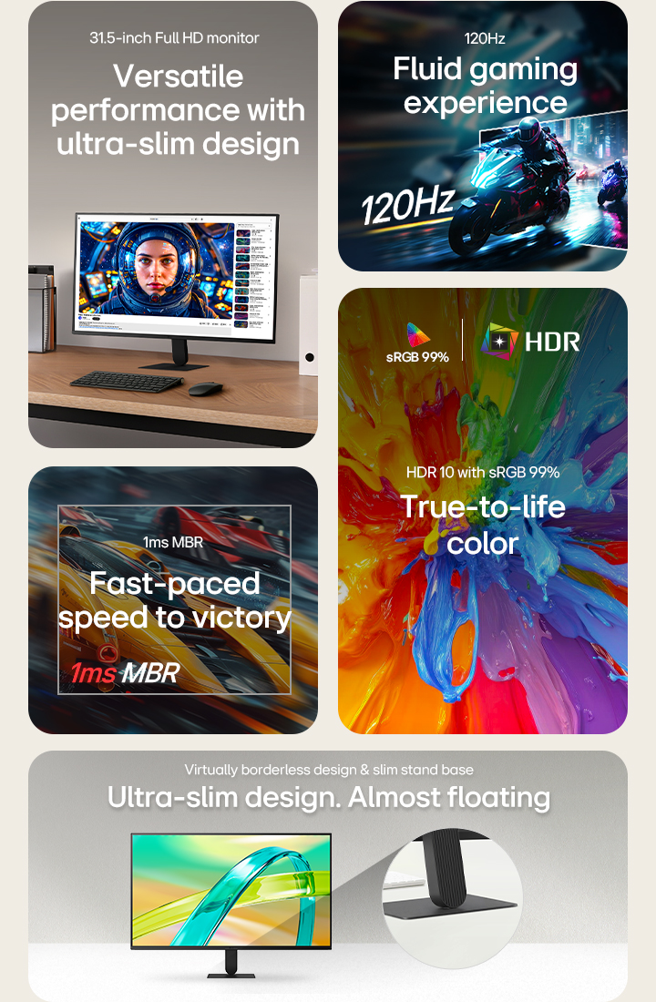 Feature summary of a 31.5-inch Full HD monitor highlighting ultra-slim design, 120Hz gaming performance, 1ms MBR response, HDR with sRGB 99% color accuracy, and borderless display.
