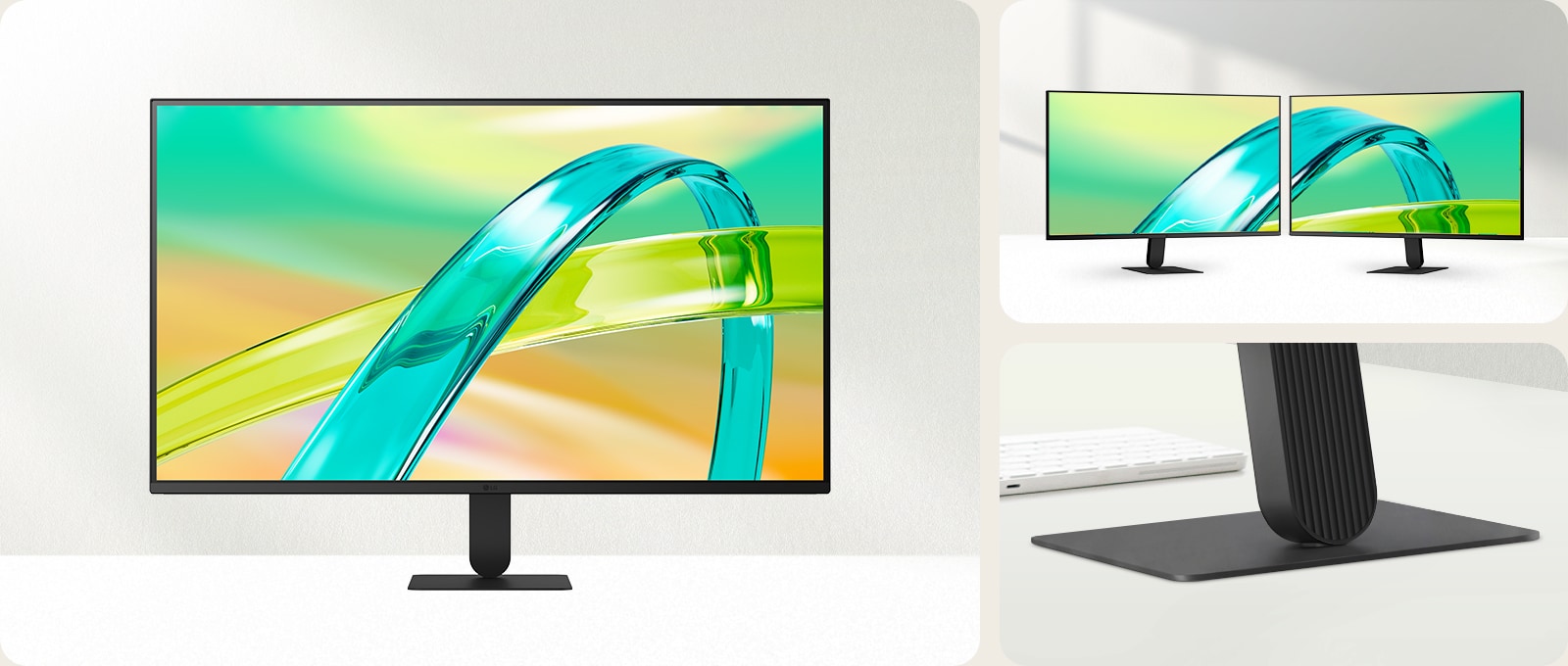 Main monitor view with vivid display alongside smaller images showing dual-monitor setup and close-up of the slim stand base design.