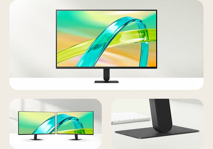 Main monitor view with vivid display alongside smaller images showing dual-monitor setup and close-up of the slim stand base design.
