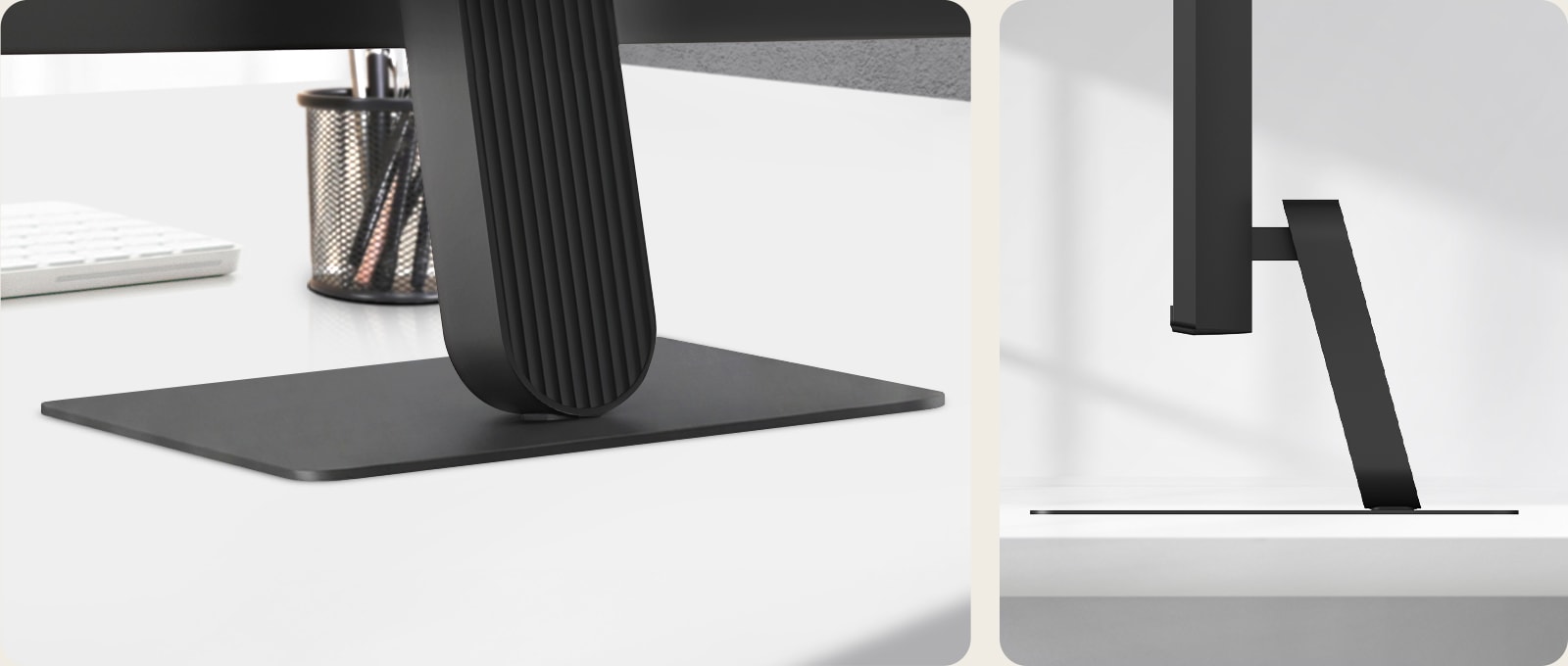 Close-up views of monitor stand base and side profile, highlighting slim, stable design and minimal footprint.