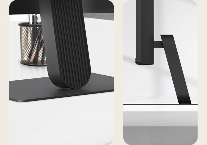 Close-up views of monitor stand base and side profile, highlighting slim, stable design and minimal footprint.