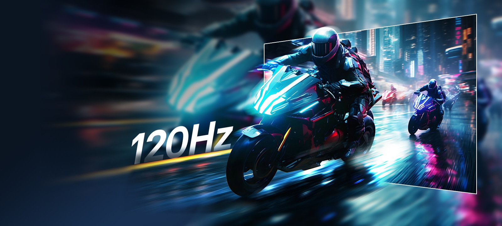 Gaming scene with futuristic motorcycles racing at high speed, highlighting a 120Hz refresh rate for smooth and fluid gameplay performance.