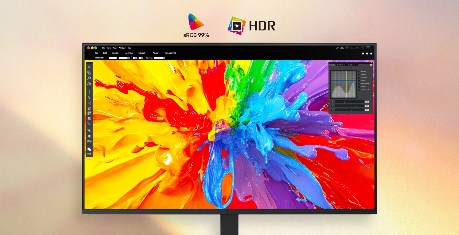 Monitor displaying vibrant color splash artwork with editing interface, emphasizing sRGB 99% color accuracy and HDR support for rich, true-to-life visuals.