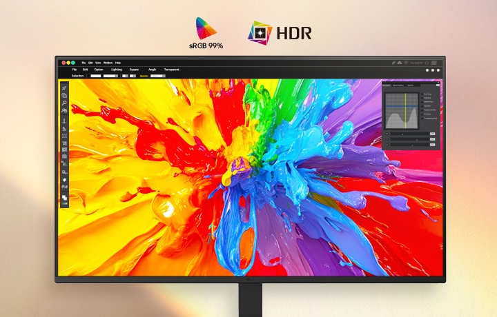 Monitor displaying vibrant color splash artwork with editing interface, emphasizing sRGB 99% color accuracy and HDR support for rich, true-to-life visuals.
