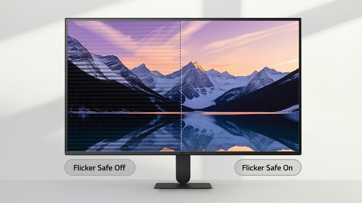 LG monitor displaying a split-screen comparison of a mountain landscape, with the left side showing screen flicker and the right side showing a clear, flicker-free image