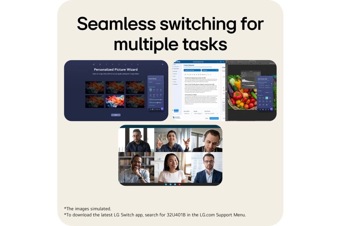 LG 32-inch LG Monitor U4, Full HD 120Hz Monitor, Multiple app windows and video call interface showing seamless switching between tasks using LG Switch app., 32U401B-B, thumbnail 7