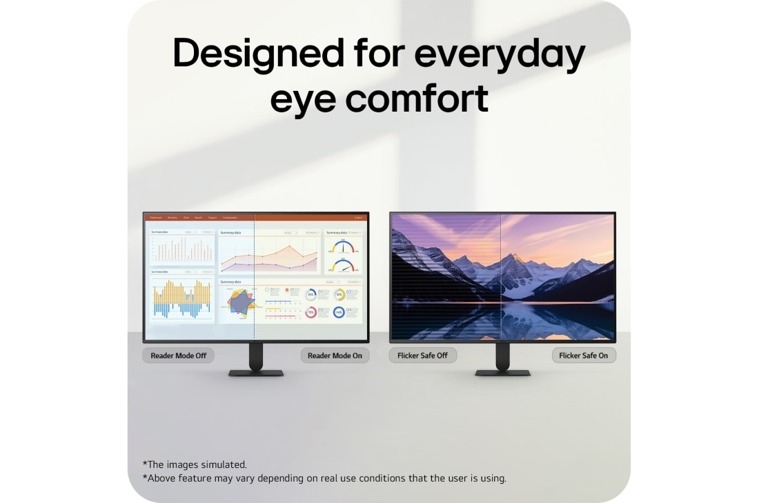 LG 32-inch LG Monitor U4, Full HD 120Hz Monitor, Two LG monitors comparing Reader Mode and Flicker Safe on and off, highlighting features designed for everyday eye comfort., 32U401B-B, thumbnail 8