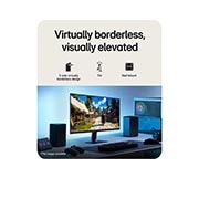 LG 24-inch UltraGear™ G4, FHD 144Hz Gaming Monitor, This image shows an UltraGear™ gaming monitor in a desk setup displaying a game scene, with icons indicating 3-side borderless design, height adjustment, tilt support, and wall mount compatibility., 24G411B-B, thumbnail 10