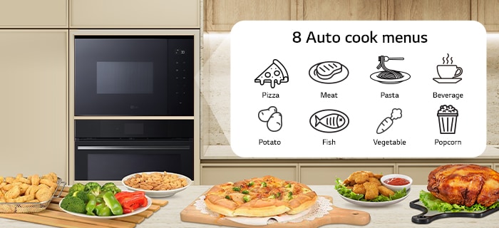 8 food icons which can be cooked with auto cook function of microwave oven.