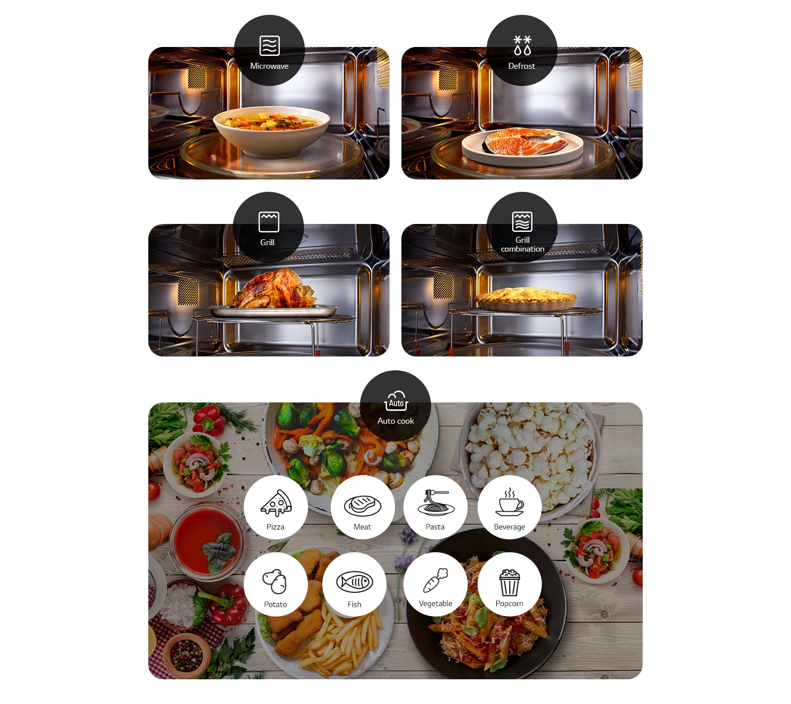 Foods being cooked according to 4 microwave modes, and 8 Autocook menu icons.