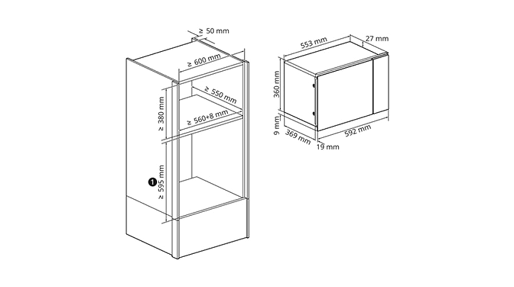Dimensions of built-in microwave oven and installation area.