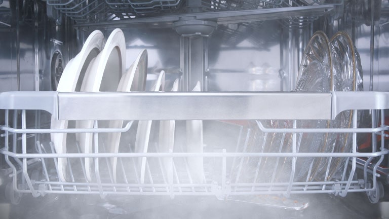 It shows a dishwasher with dishes placed on it and the steam inside.