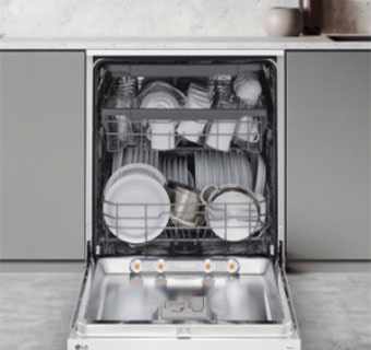 Displays the spacious design of the LG built-in Dishwasher, accommodating a variety of dishes