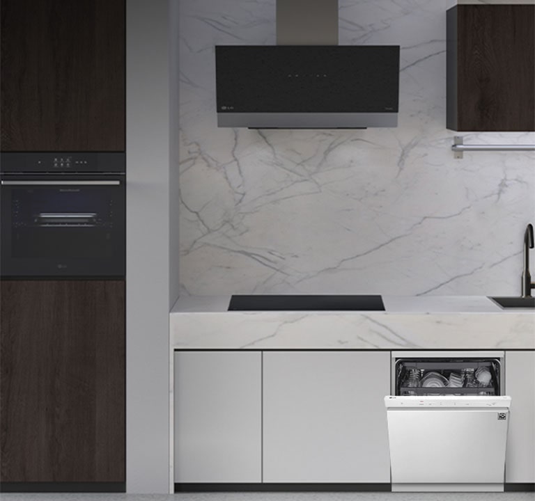 A kitchen with the LG freestanding dishwasher, oven, hood, and induction hob installed.