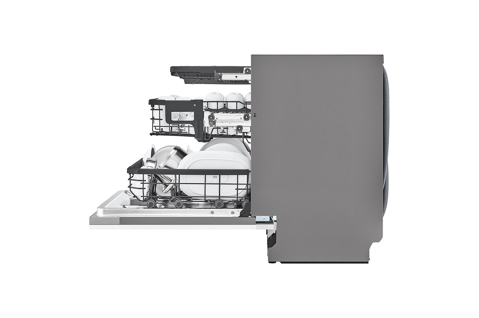 LG Built-in Dishwasher, 14 Placement Settings, TrueSteam™, A side view of a dishwasher with the door open and a low rack height., DBC425TS