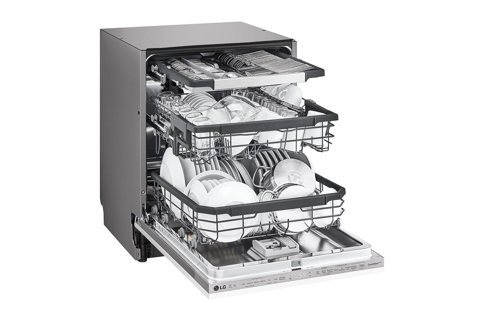 LG Built-in Dishwasher, 14 Placement Settings, TrueSteam™, The front-left side view of a dishwasher with the door open and full bowl., DBC425TS