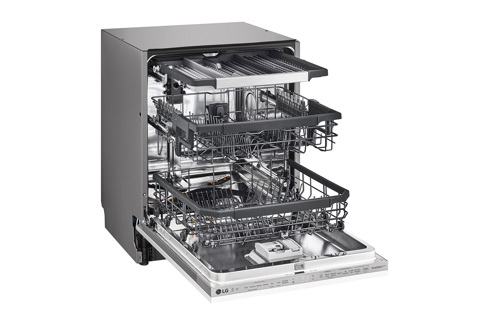 LG Built-in Dishwasher, 14 Placement Settings, TrueSteam™, The front-left side view of a dishwasher with the door open., DBC425TS