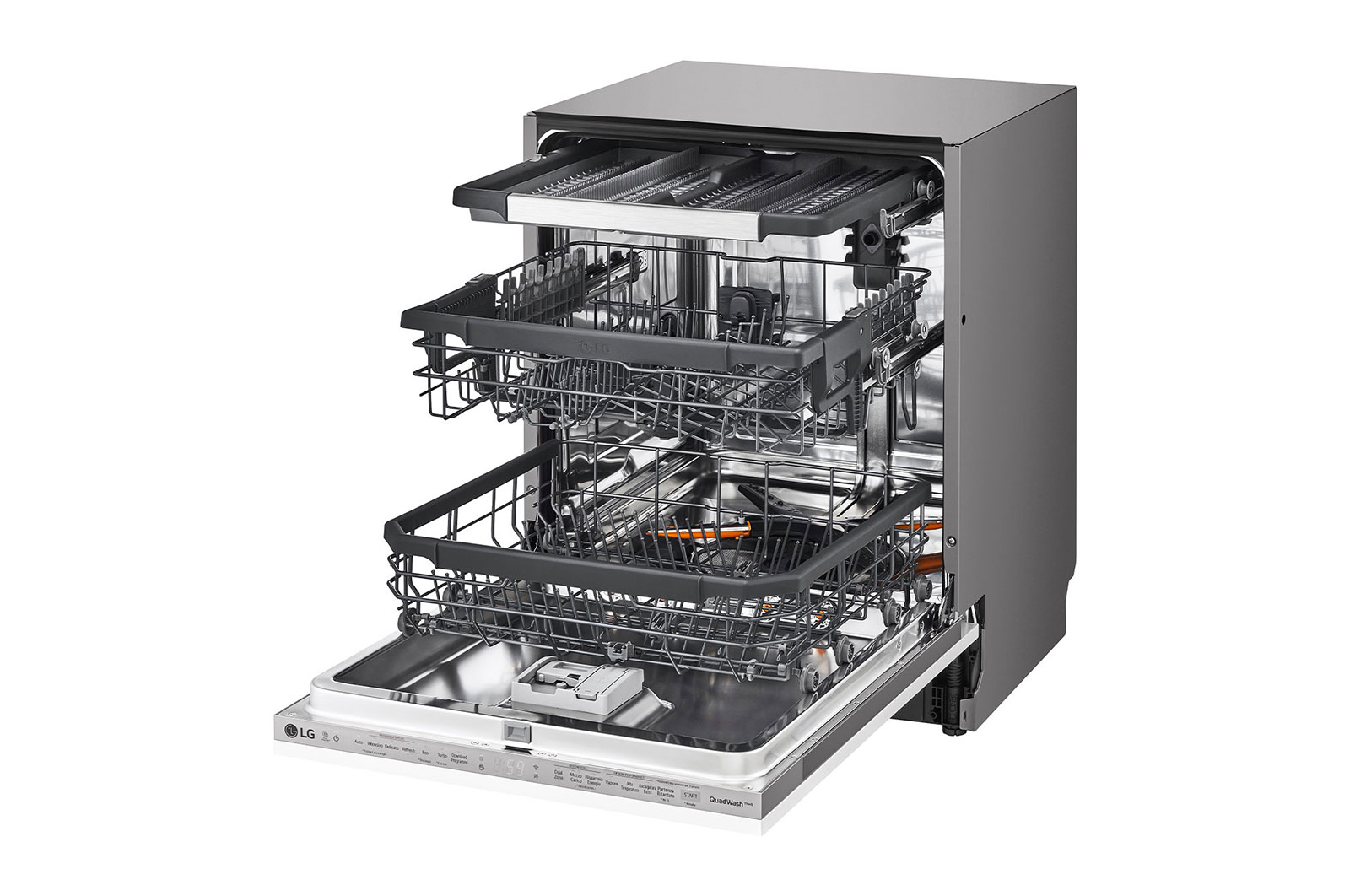 LG Built-in Dishwasher, 14 Placement Settings, TrueSteam™, The front-right side view of a dishwasher with the door open., DBC425TS