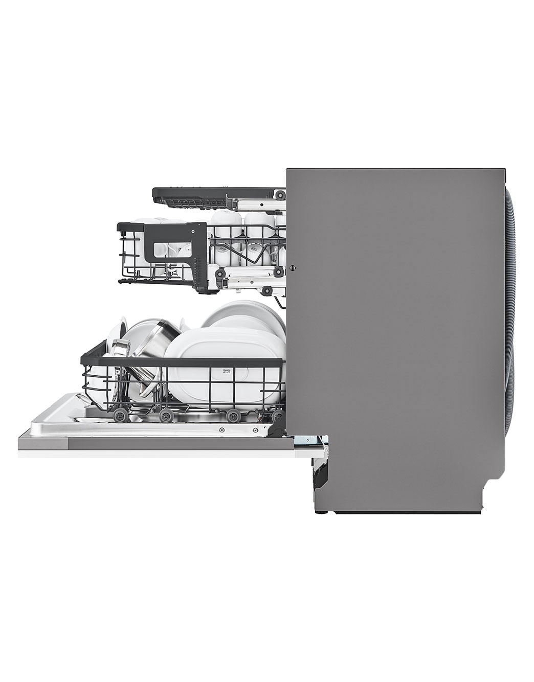 LG Built-in Dishwasher, 14 Placement Settings, TrueSteam™, A side view of a dishwasher with the door open and a high rack height., DBC425TS