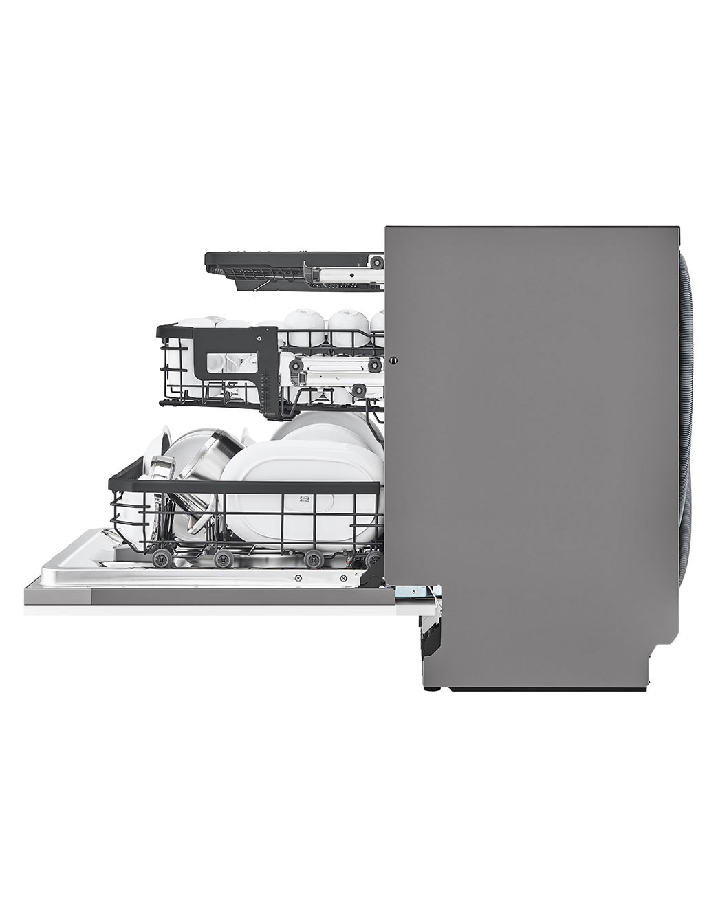 LG Built-in Dishwasher, 14 Placement Settings, TrueSteam™, A side view of a dishwasher with the door open and a low rack height., DBC425TS