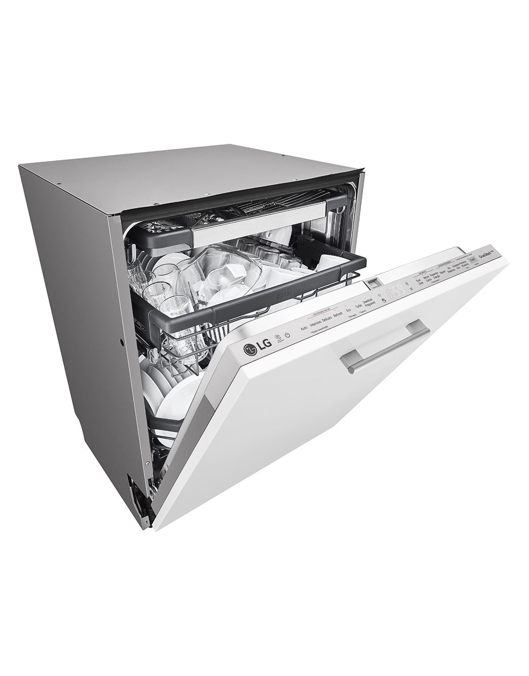 LG Built-in Dishwasher, 14 Placement Settings, TrueSteam™, The front-left side view of a dishwasher with the door slightly open., DBC425TS