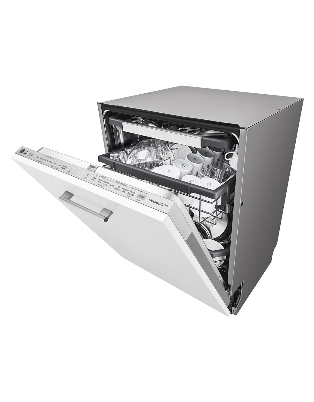 LG Built-in Dishwasher, 14 Placement Settings, TrueSteam™, The front-right side view of a dishwasher with the door slightly open., DBC425TS