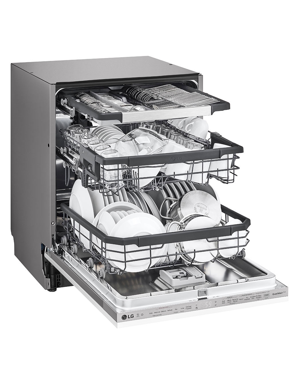 LG Built-in Dishwasher, 14 Placement Settings, TrueSteam™, The front-left side view of a dishwasher with the door open and full bowl., DBC425TS