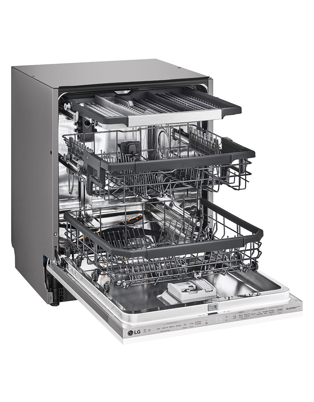 LG Built-in Dishwasher, 14 Placement Settings, TrueSteam™, The front-left side view of a dishwasher with the door open., DBC425TS