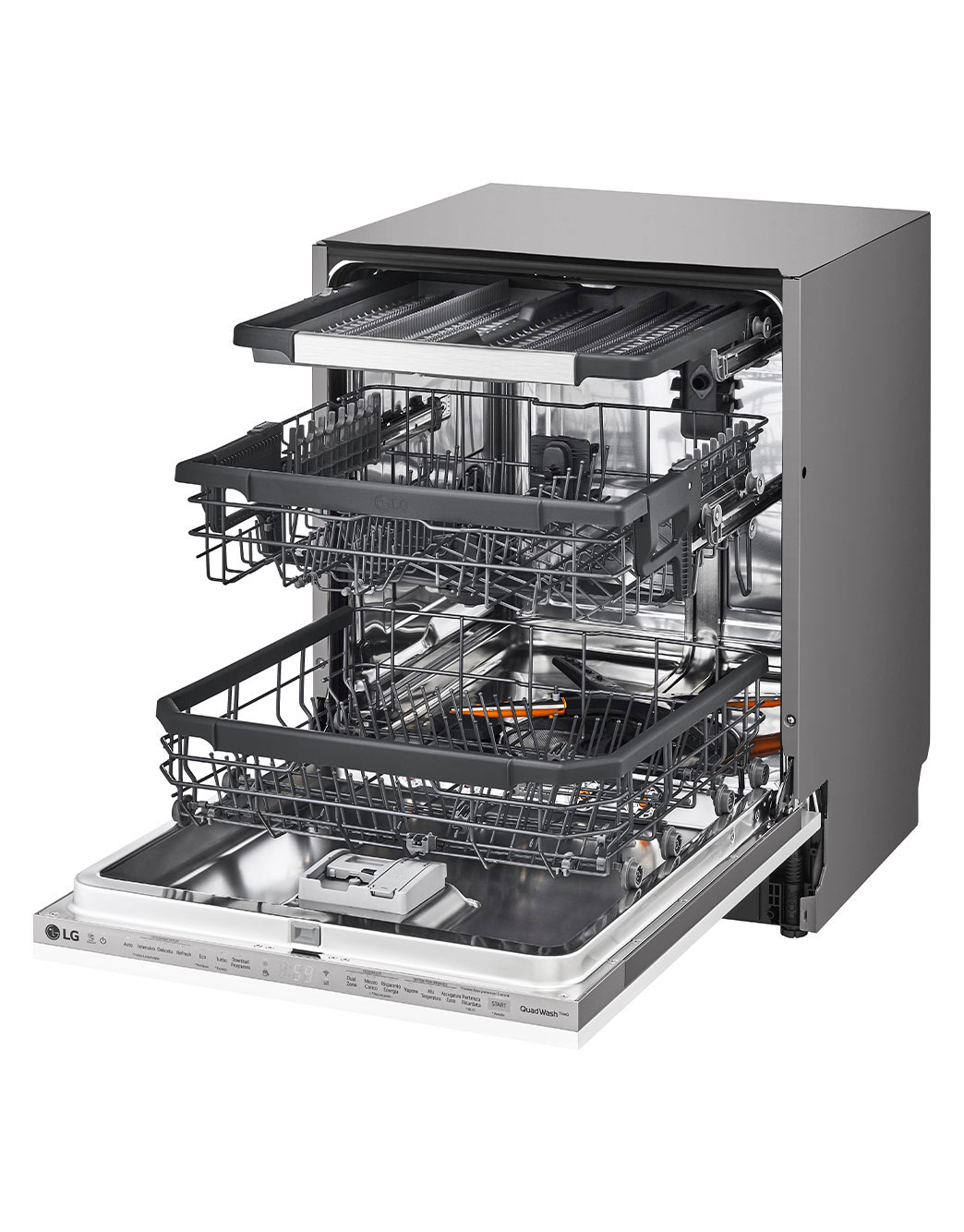 LG Built-in Dishwasher, 14 Placement Settings, TrueSteam™, The front-right side view of a dishwasher with the door open., DBC425TS