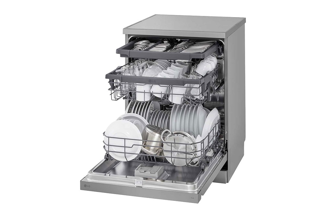 LG 14 Place Setting QuadWash™ Dishwasher,  Platinum Silver, Turbo Cycle, Easy Rack Plus , left side with dish, DFC513FV, thumbnail 12