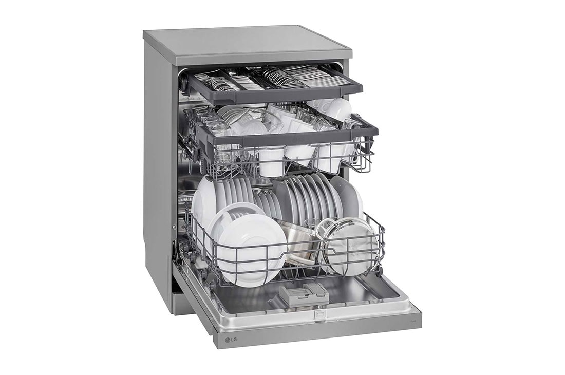 LG 14 Place Setting QuadWash™ Dishwasher,  Platinum Silver, Turbo Cycle, Easy Rack Plus , right side with dish, DFC513FV, thumbnail 9
