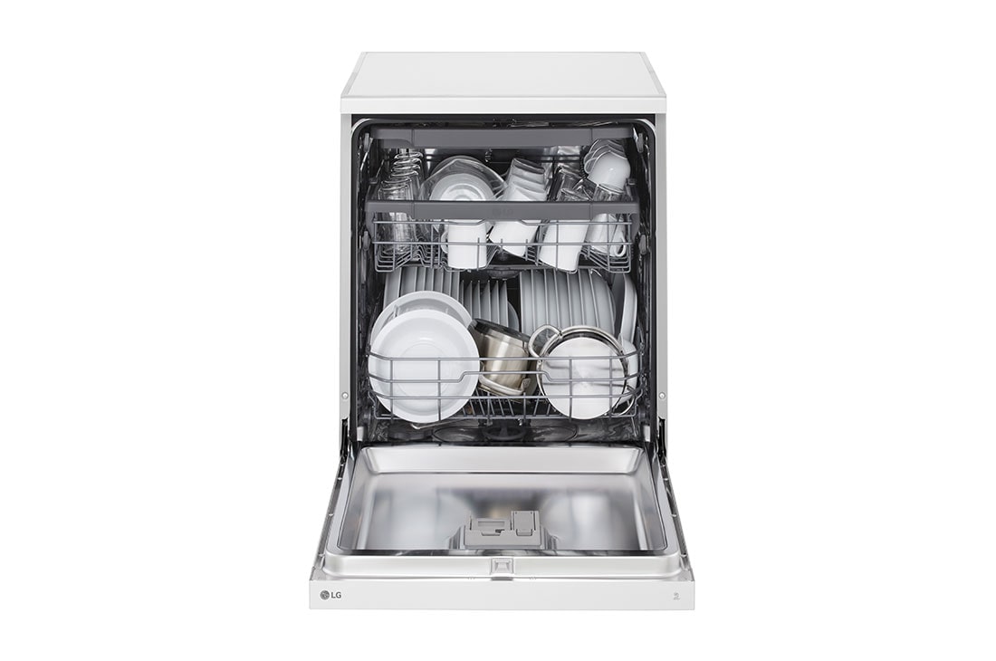 LG 14 Place Setting QuadWash™ Dishwasher, Platinum Silver, Easy Rack Plus, Dual Zone Wash, Turbo Cycle, front open with dish , DFC513FW, thumbnail 2
